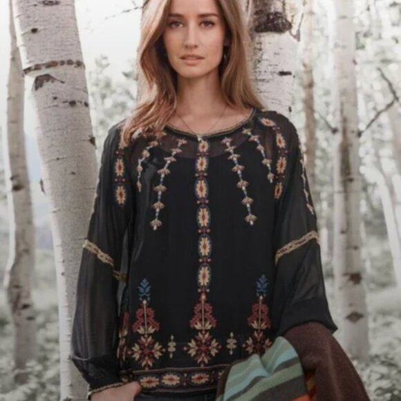 Sundance Tops - Sundance Mythical Spirit Silk Floral Embroidered Top in Black XS